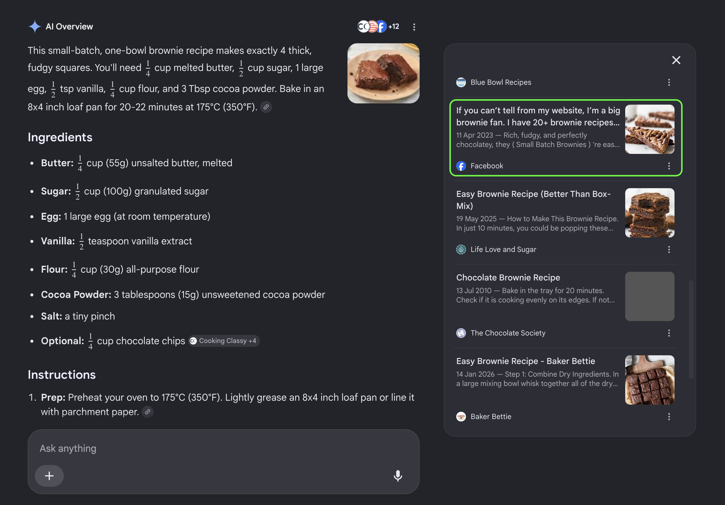 AI Overview source panel highlighting a Facebook result from Blue Bowl Recipes.