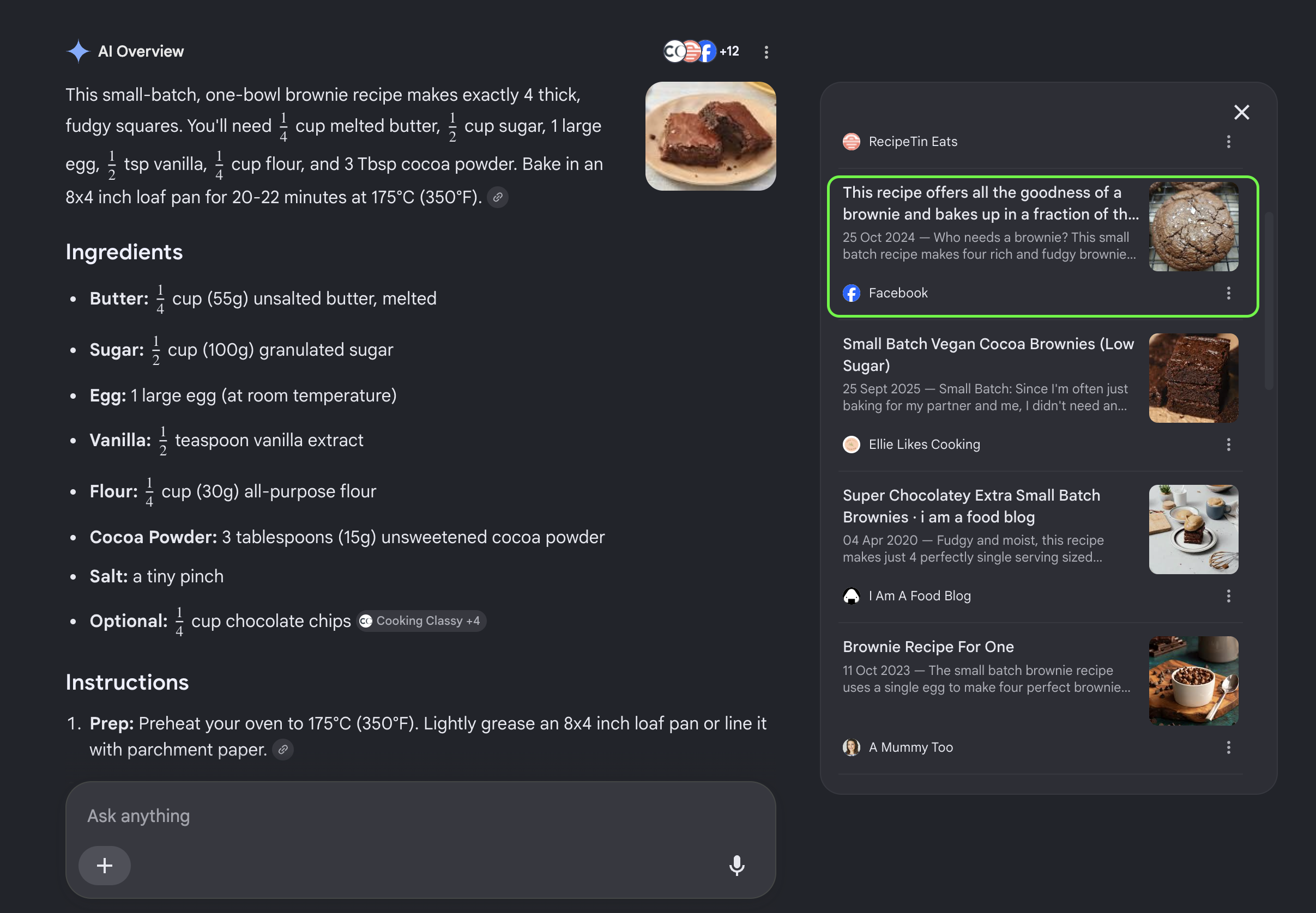 AI Overview source panel highlighting a Facebook result from RecipeTin Eats.