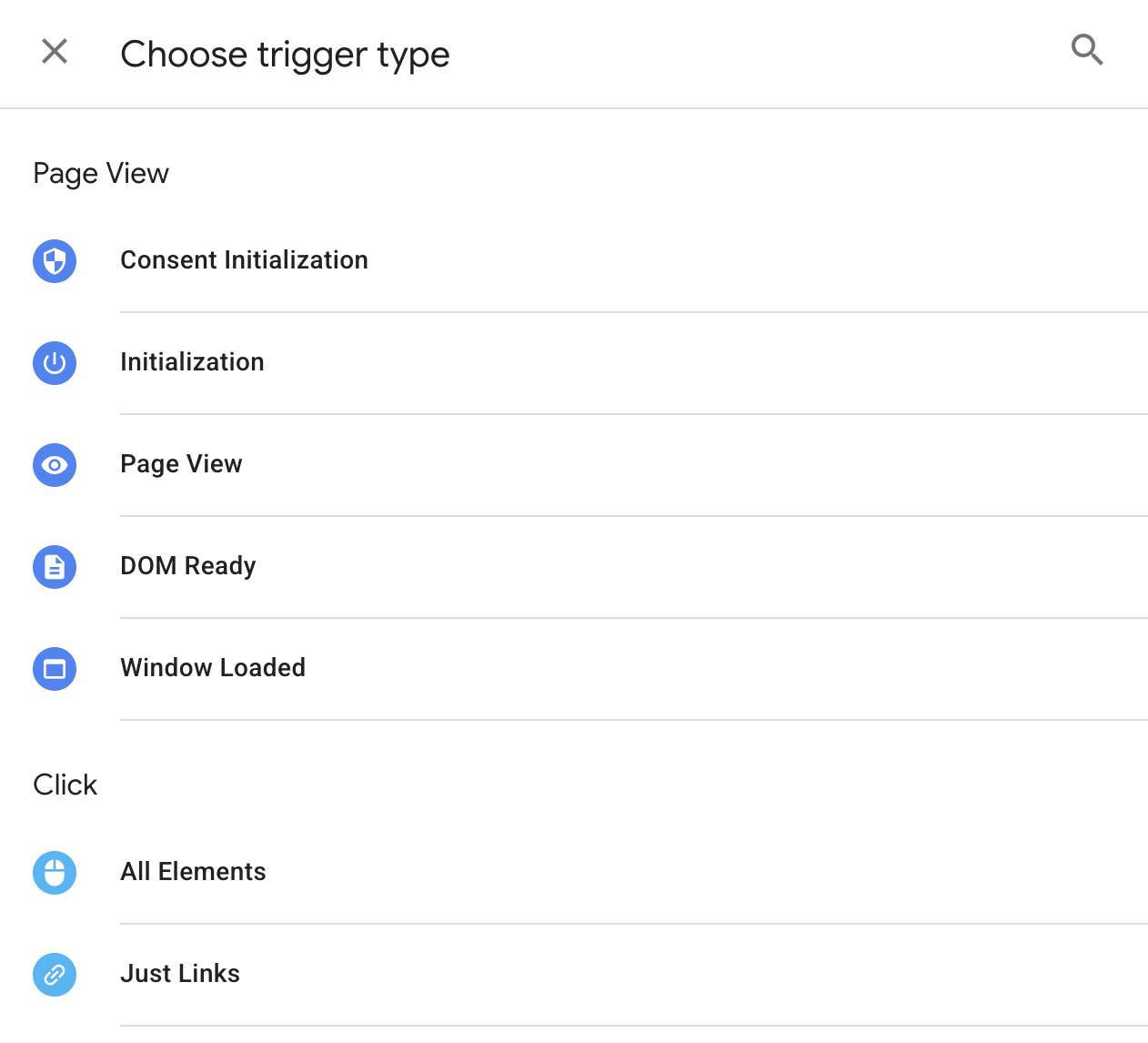 Google Tag Manager choose trigger type screen showing page view triggers and click triggers including All Elements and Just Links.