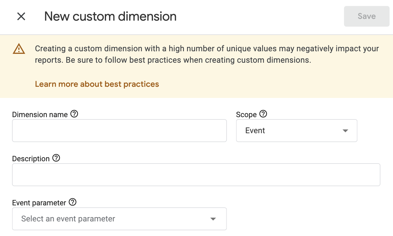 GA4 new custom dimension form with Event scope selected and an event parameter dropdown.