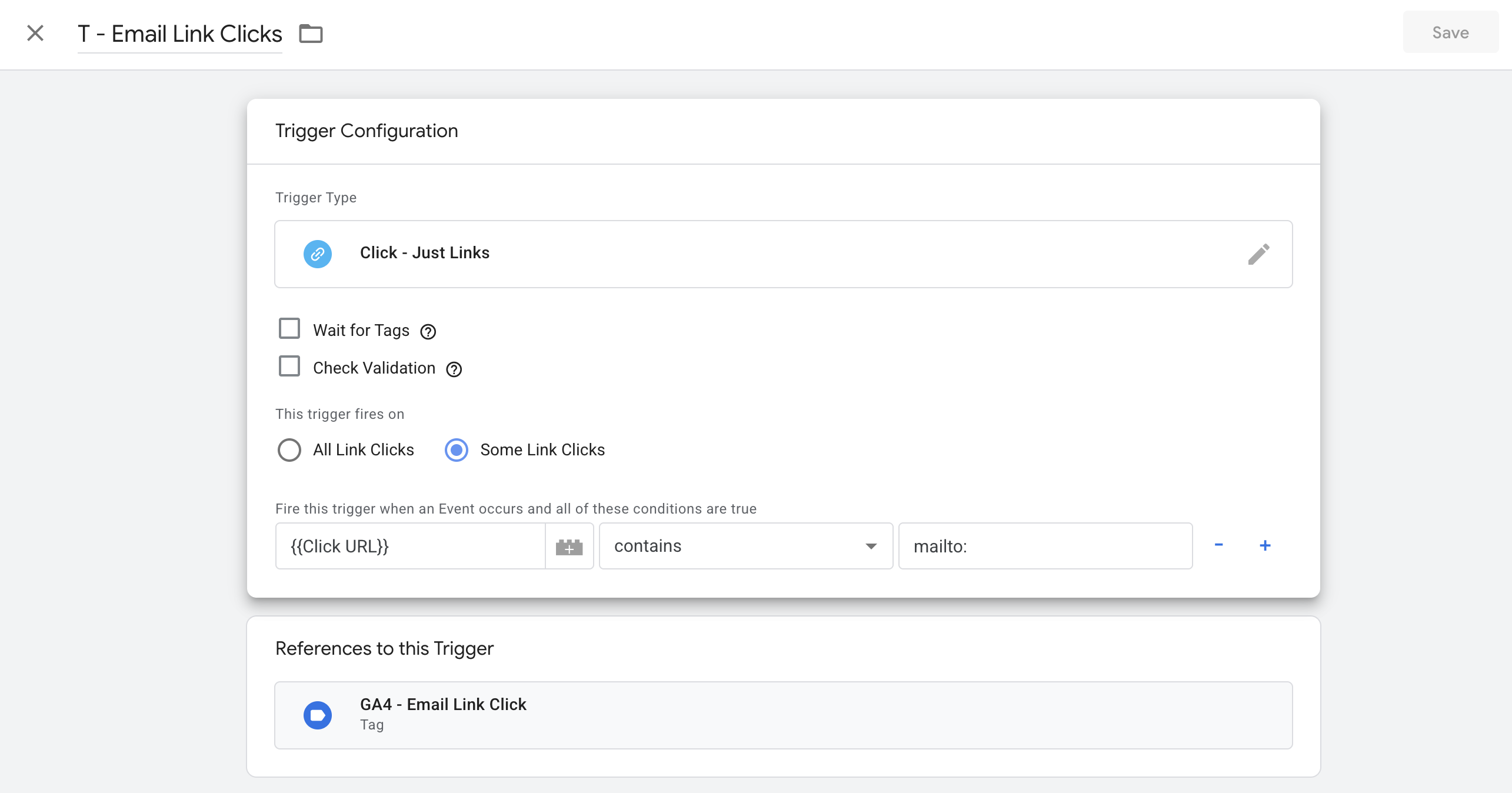 Google Tag Manager Just Links trigger that fires when Click URL contains mailto.