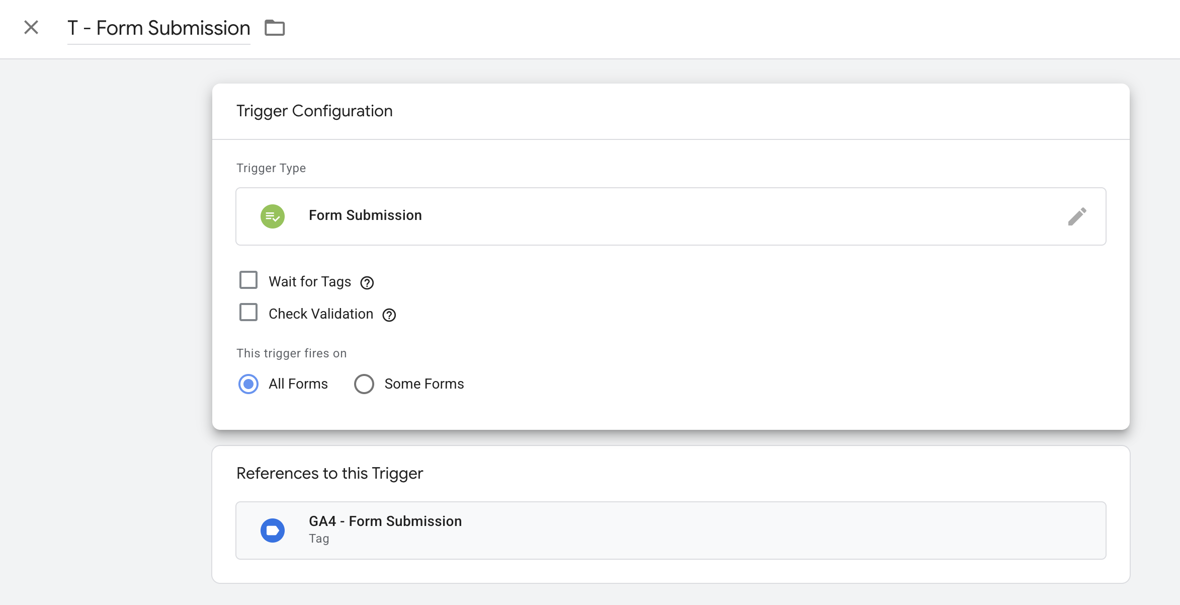 Google Tag Manager form submission trigger connected to the GA4 Form Submission tag.