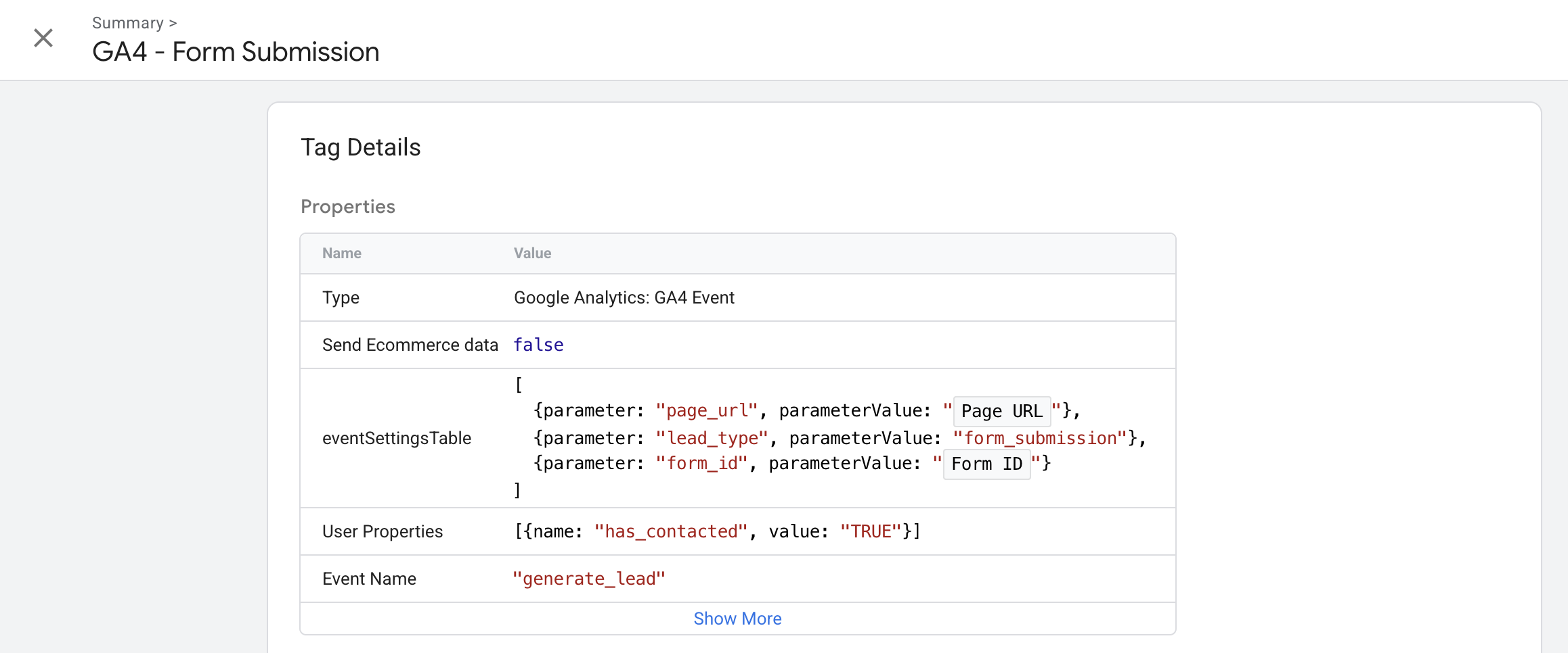 Tag Assistant tag details for a GA4 Form Submission event showing generate_lead, page_url, lead_type, form_id, and has_contacted.